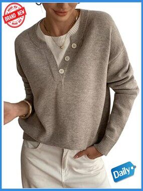 Oversized Knitted Button Crew Neck Sweater Pullover Tops
